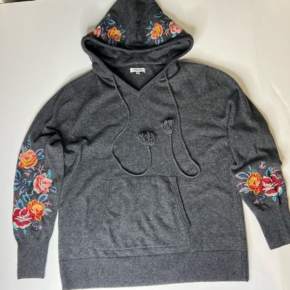 JOHNNY WAS Cashmere Hoodie Sweater Amira Floral Embroidered KangaPocket Gray M - Picture 1 of 16